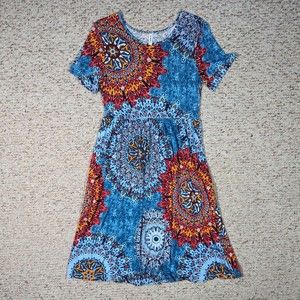 DB Moon Short Sleeve Dress Womens MED Soft Stretch Vibrant Blue Orange Pockets